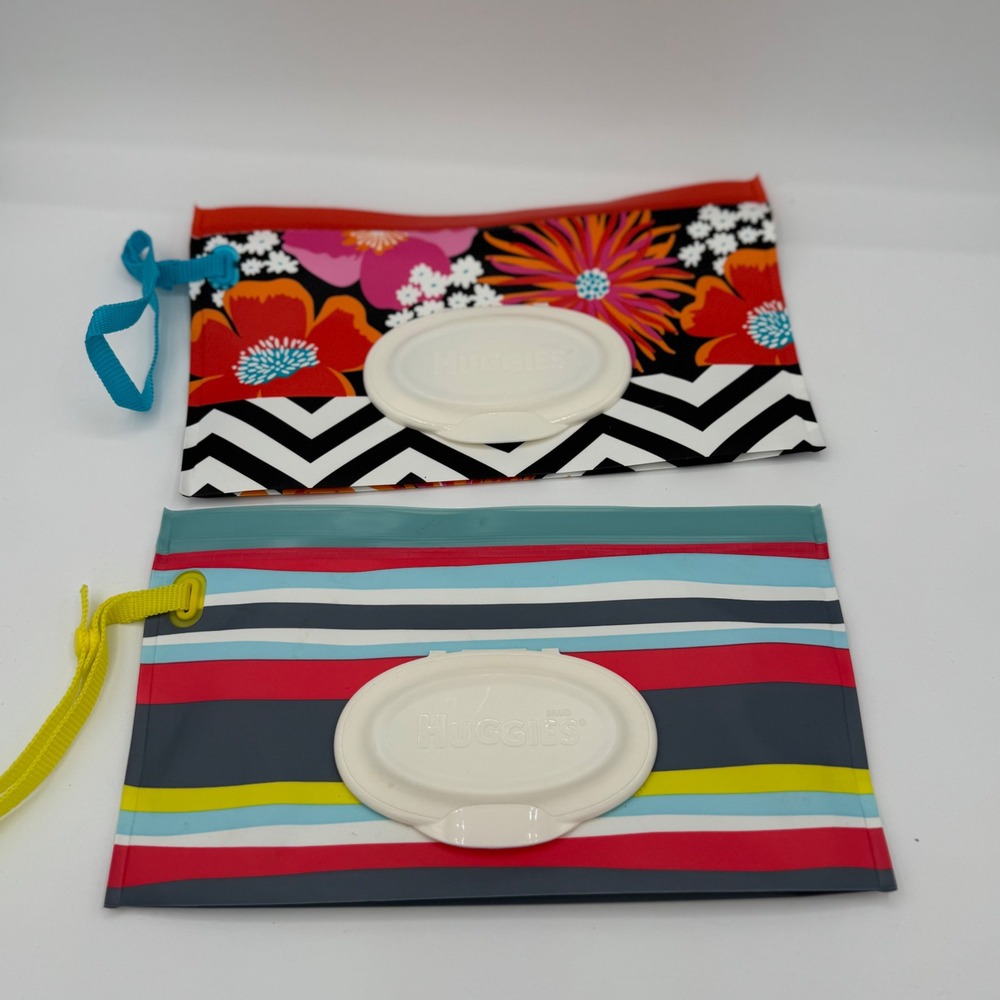 Huggies Clutch n Clean Refillable Wipe Pouches Lot 2 Floral Stripe Travel Case